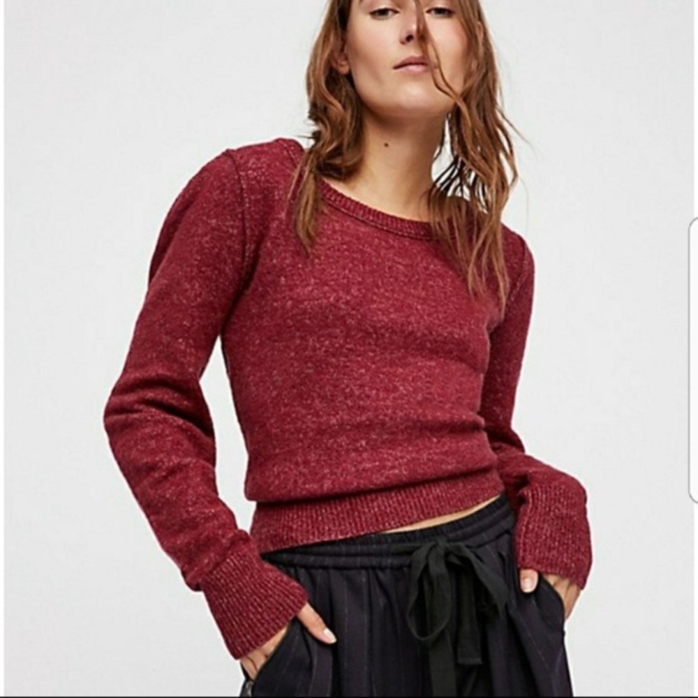FREE PEOPLE Complete Me Wine Alpaca Crew Neck Puff Sleeve Sweater sz S
